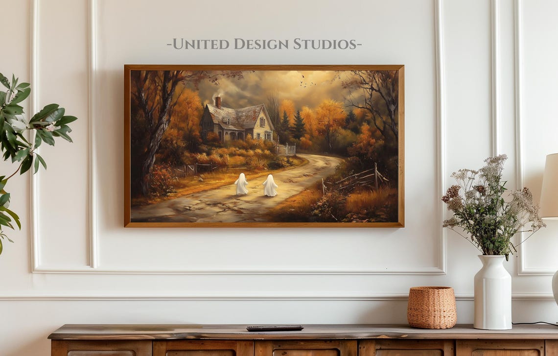 Frame Tv Art Cute Ghosts In Landscape Autumn Halloween Art For Tv Country Rustic Cottage Decor - Image 4