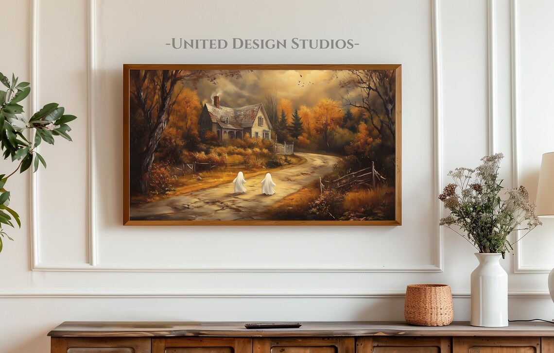 Two Little Ghosts On Country Road Autumn House Halloween Wall Art - Image 4