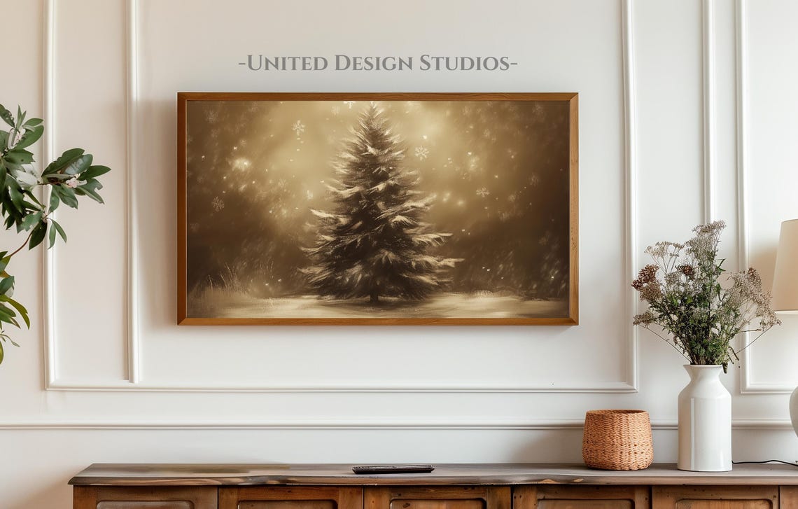Lone Snowy Pine Tree Golden Nightfall Falling Snow Winter Art Poster - Image 3