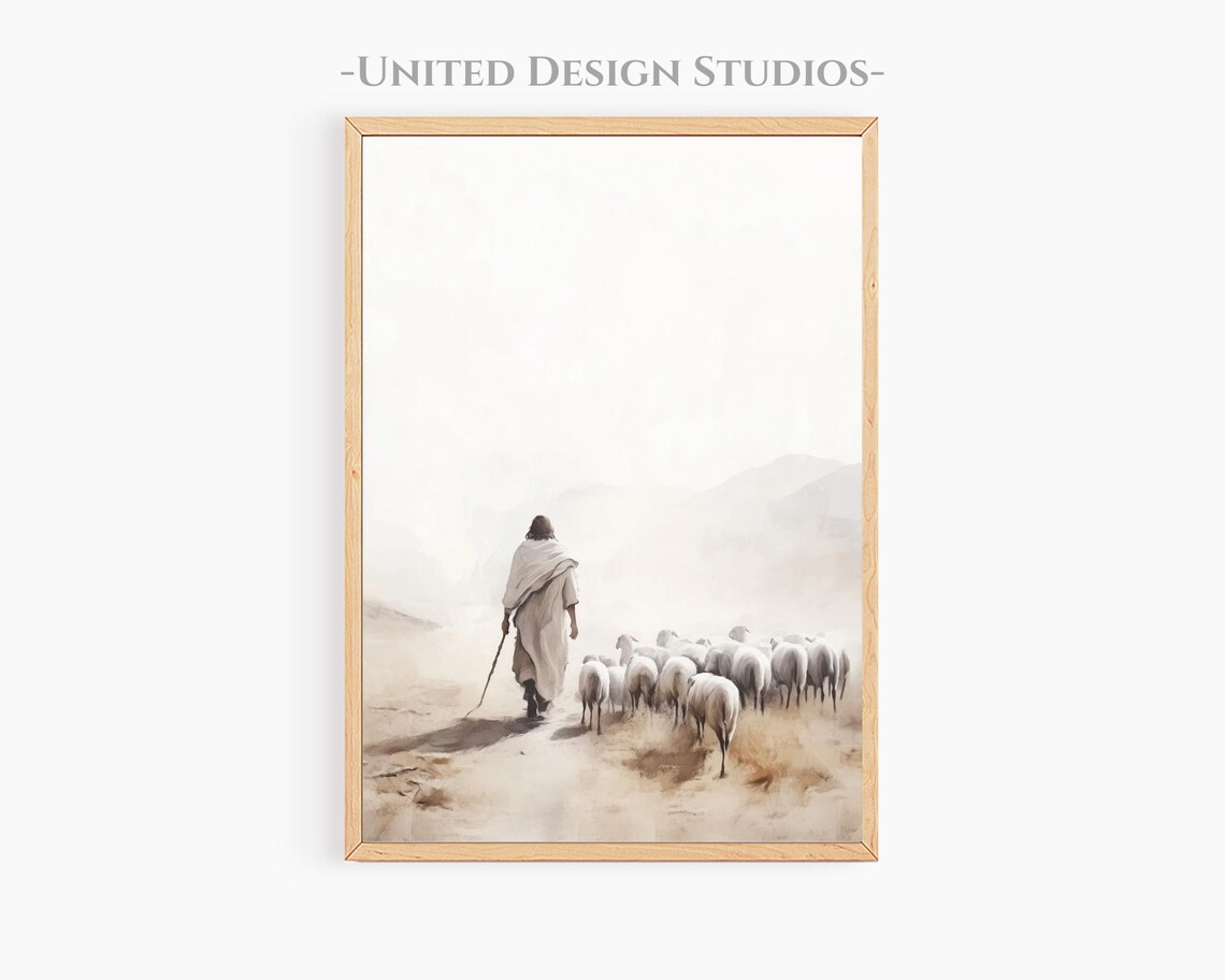 Jesus With His Flock Christian Sketch Art Print