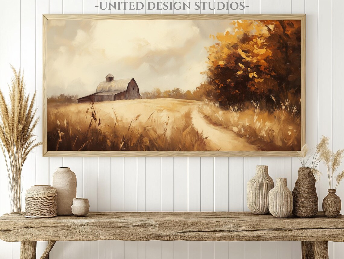 Old Barn Golden Wheat Field Autumn Farm Landscape Painting Poster - Image 2