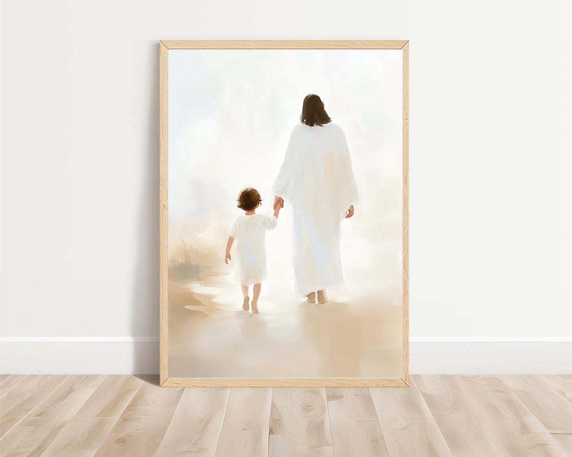 Jesus Holding Child Hand Walking In Heaven Christian Wall Art - Image 4