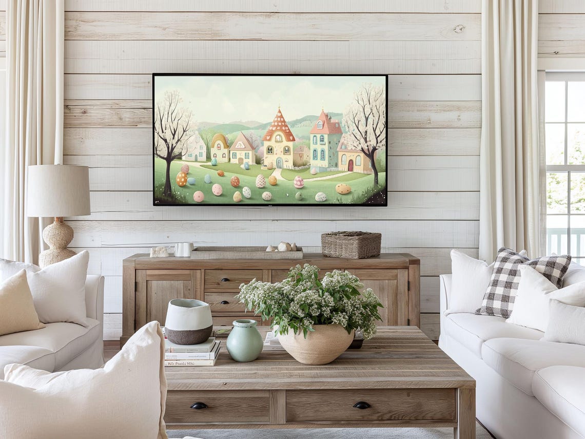 Easter Village With Painted Eggs Pastel Spring Town Wall Art - Image 3