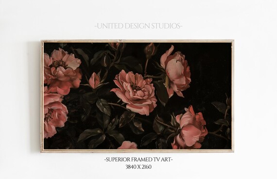Pink Roses Valentines Day Frame Tv Art Floral Oil Painting Botanical Flowers Frame Tv Art Dark Moody Decor Baroque Frame Tv Art