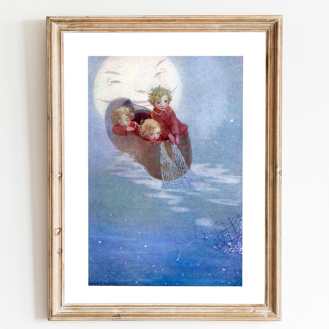 Moonlit Children In Shoe Boat Vintage Nursery Rhyme Art Poster