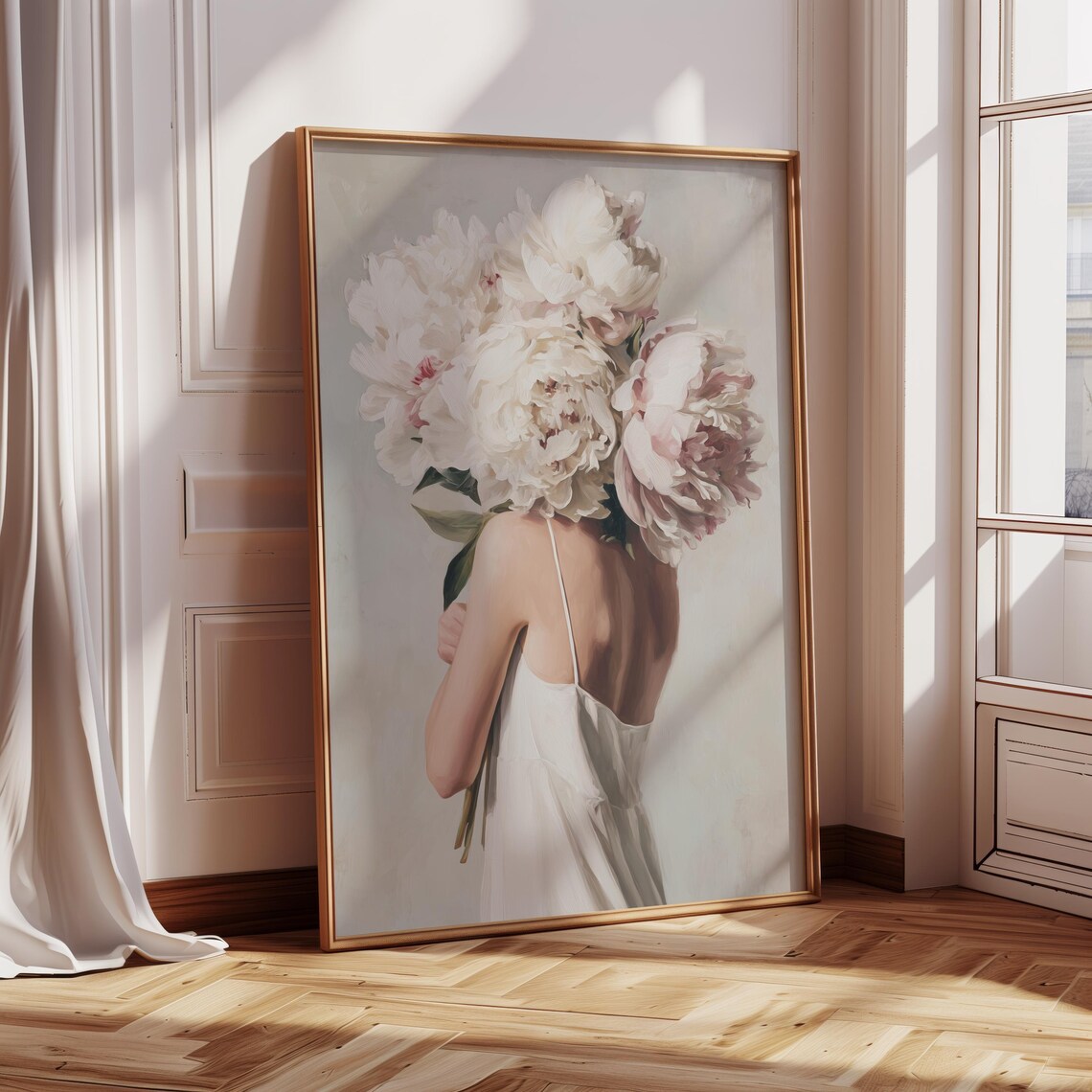 Woman Holding Peony Bouquet Romantic Feminine Floral Art Poster