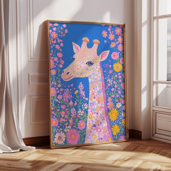 Pink Blue Floral Giraffe Nursery Art Colorful Wildflower Poster