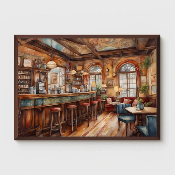 Cozy Vintage Coffeehouse Interior with Wooden Bar and Warm Lamps Poster