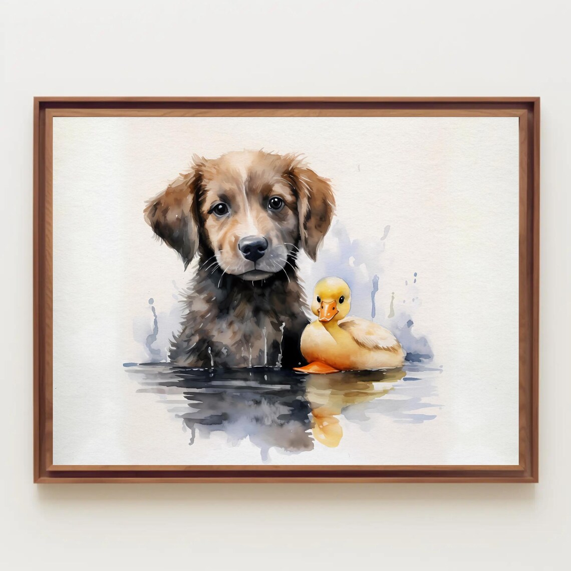 Cute Puppy and Yellow Duckling Watercolor Nursery Animal Poster