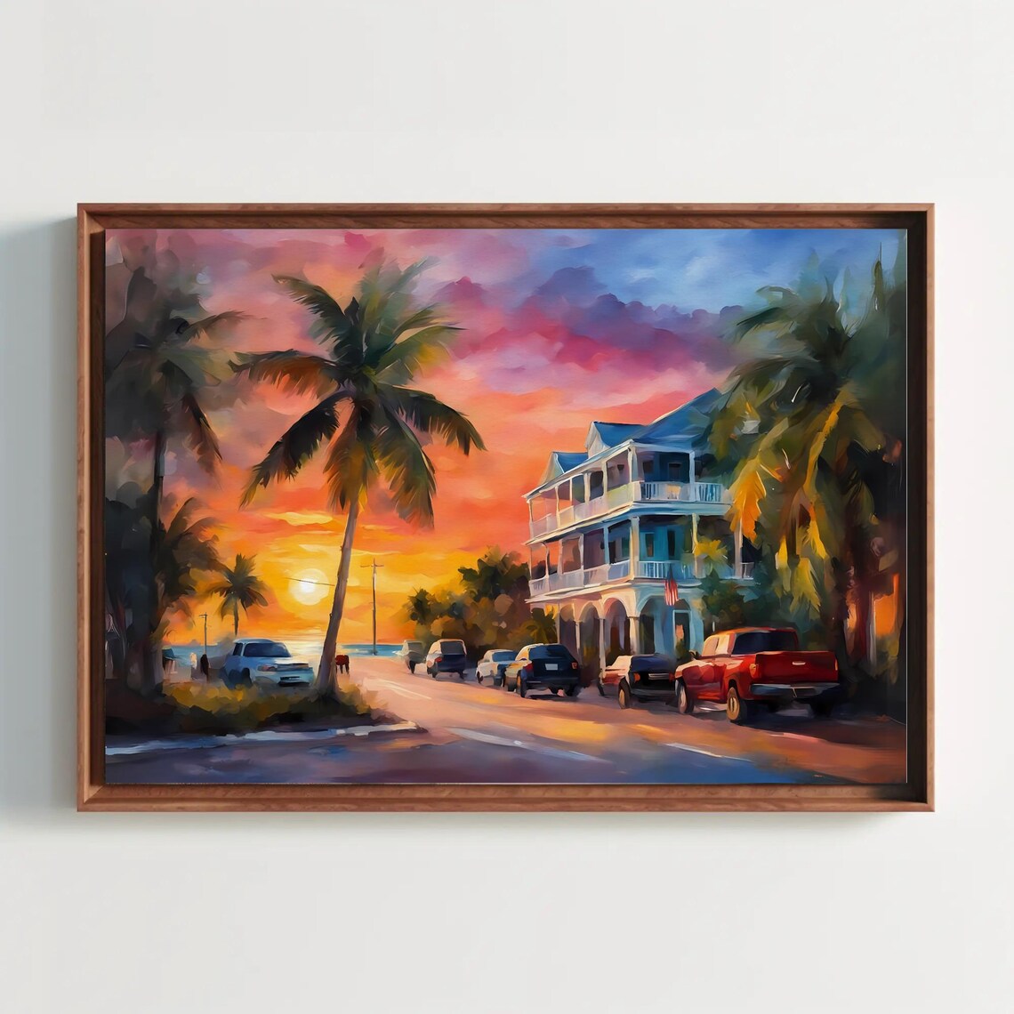 Key West Street Sunset Palms Beach House Cars Florida Art Poster