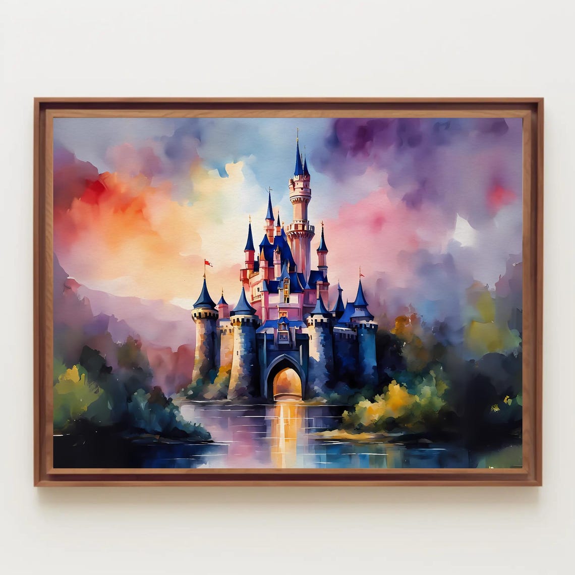 Fairy Tale Castle Blue Spires Night Lake Glow Watercolor Art Poster
