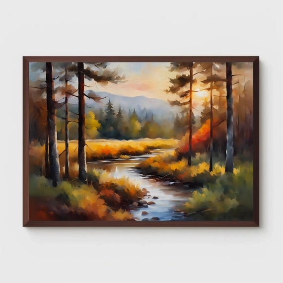 Calm Stream In Forest During Sunrise Watercolor Painting Landscape Art Wall