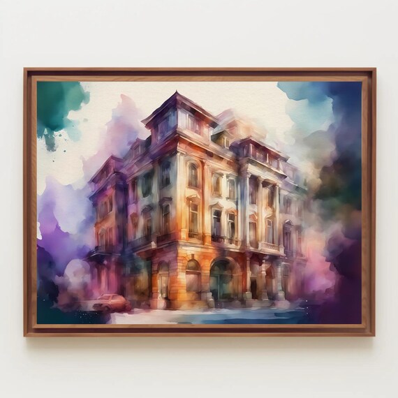 Urban Architecture Watercolor Painting Print New York City Building Cityscape Scene
