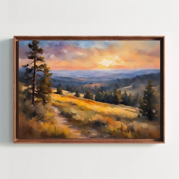 Hillside During Sunset Watercolor Painting Print Dusk Grasslands Art Landscape Nature Wall