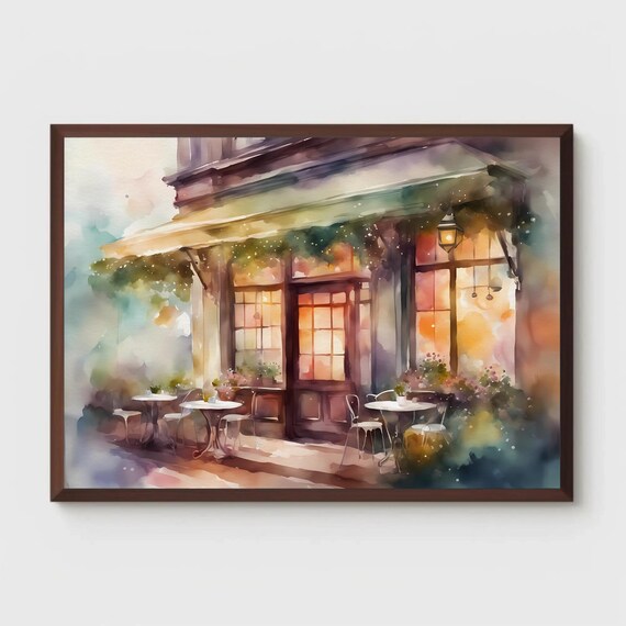 Springtime Coffeehouse Storefront with Flower Boxes in Bloom Poster
