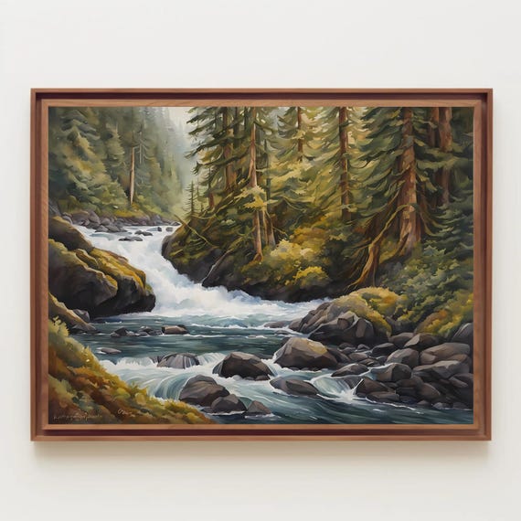Stream Waterfall In Pine Forest Watercolor Painting Landscape Tree Art Wall Decor