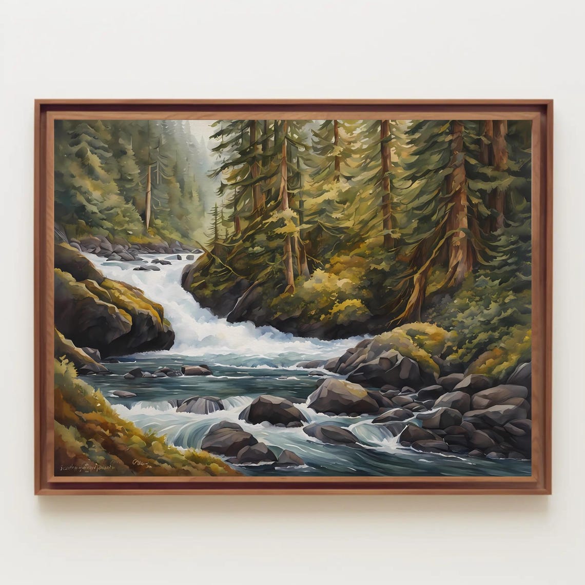 Mountain Stream Through Pine Forest Oil Painting Landscape Poster