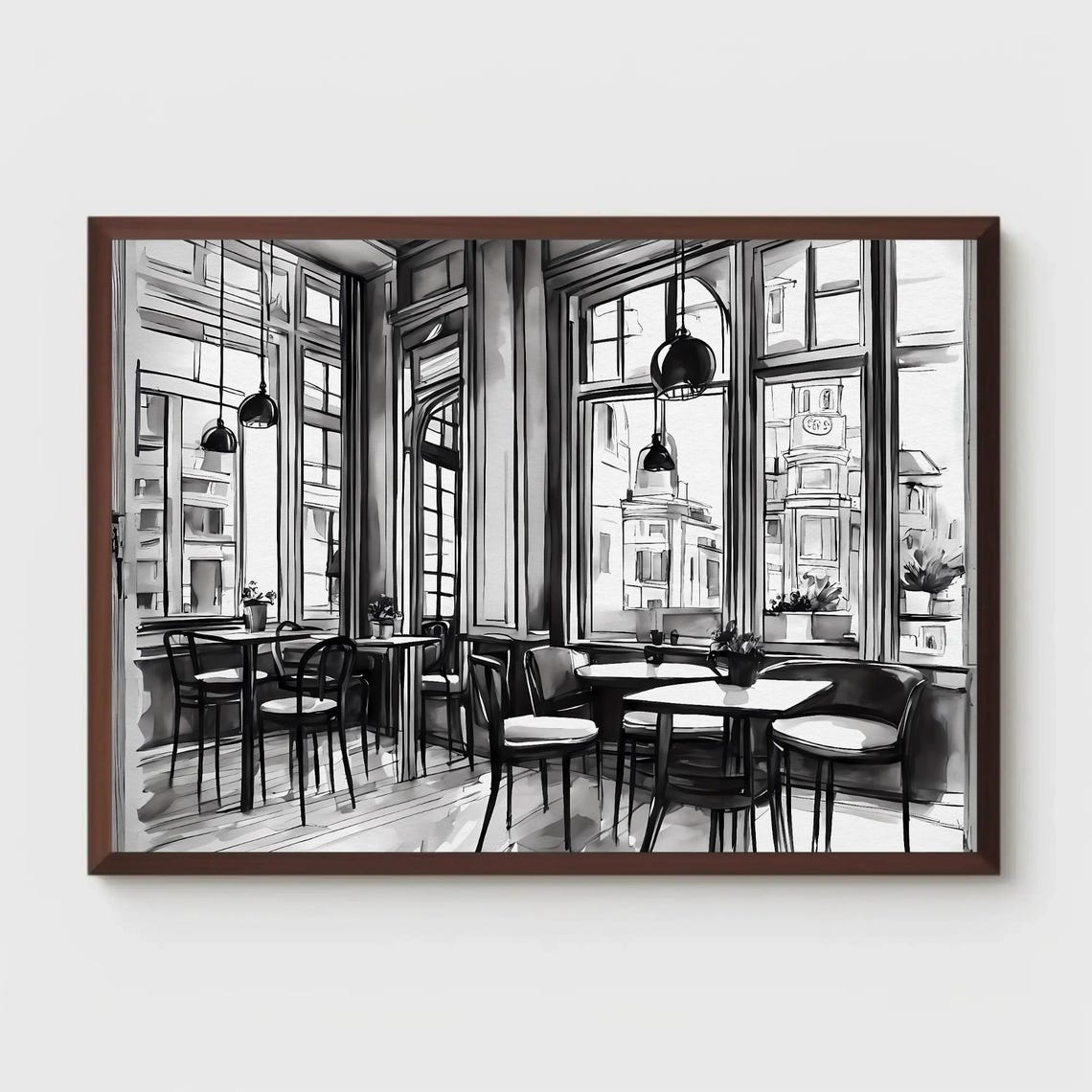 Black and White Cafe Interior Sketch Tall Windows Cozy Poster