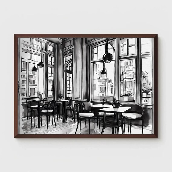 Black and White Cafe Interior Sketch Tall Windows Cozy Poster