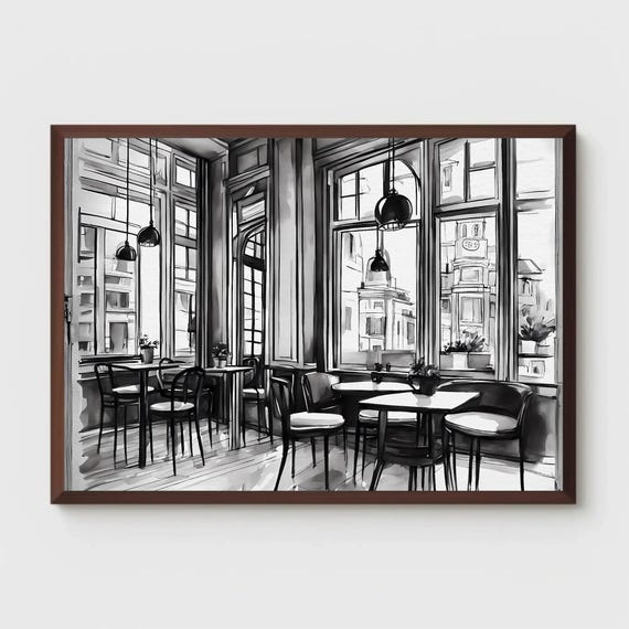 Black And White Coffeehouse Watercolor Painting Print Cafe Coffee Monochrome Art