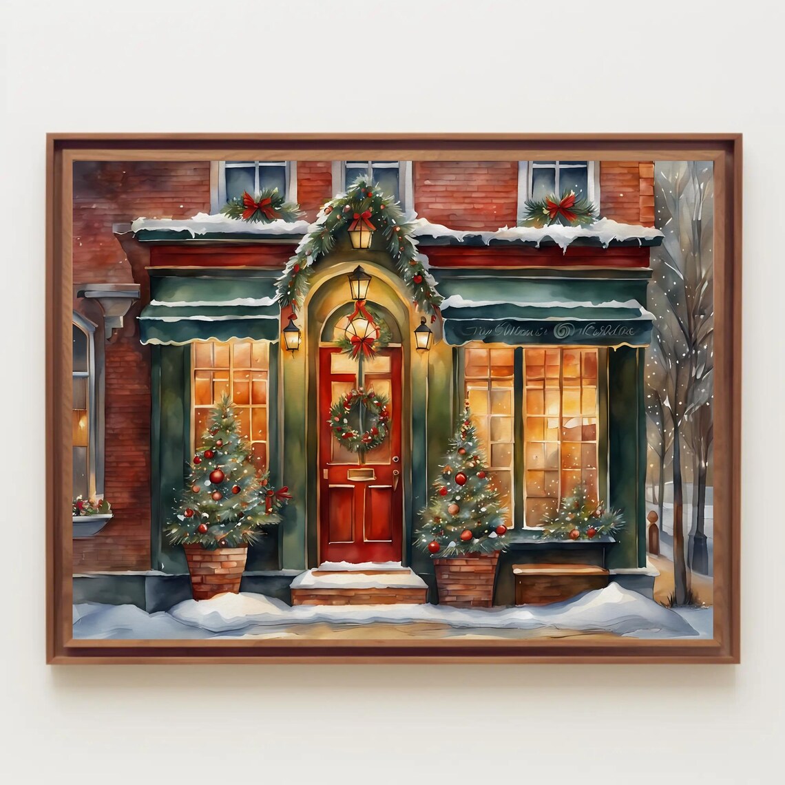 Snowy Christmas Coffeehouse Storefront with Garland and Lights Poster