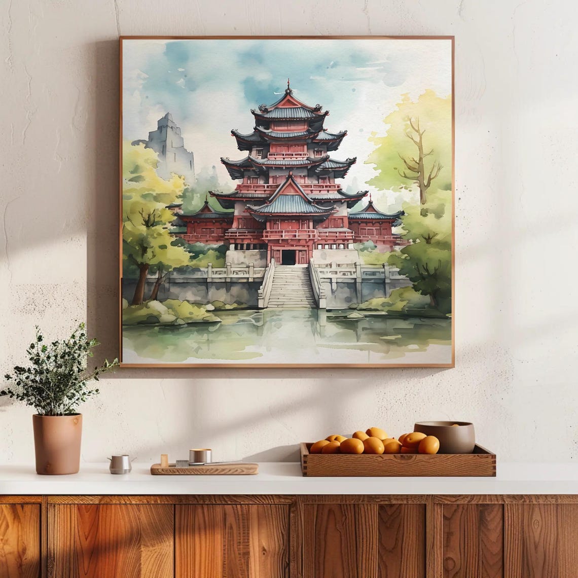 Chinese Pagoda Palace Watercolor Traditional Architecture Poster
