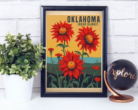 Blanket Oklahoma Vintage Retro Flower Travel Poster