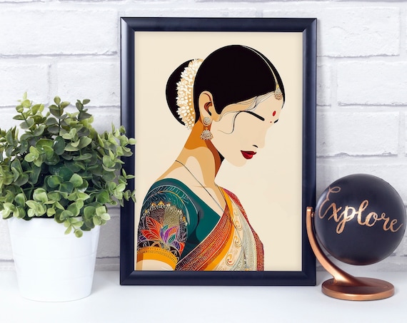 Elegant Traditional Indian Woman in Colorful Saree Illustration Poster