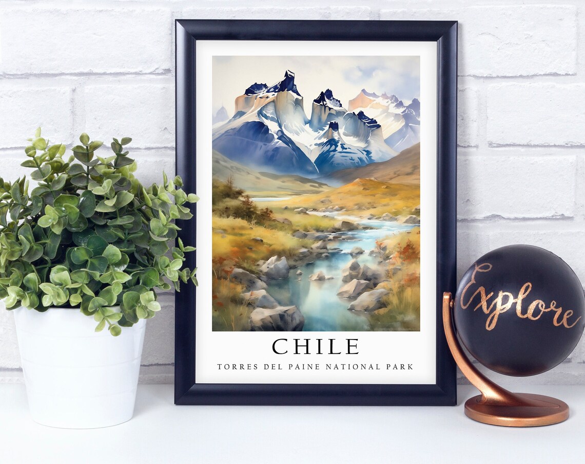 Chile Torres Del Paine National Park Watercolor Mountain Scenery Poster