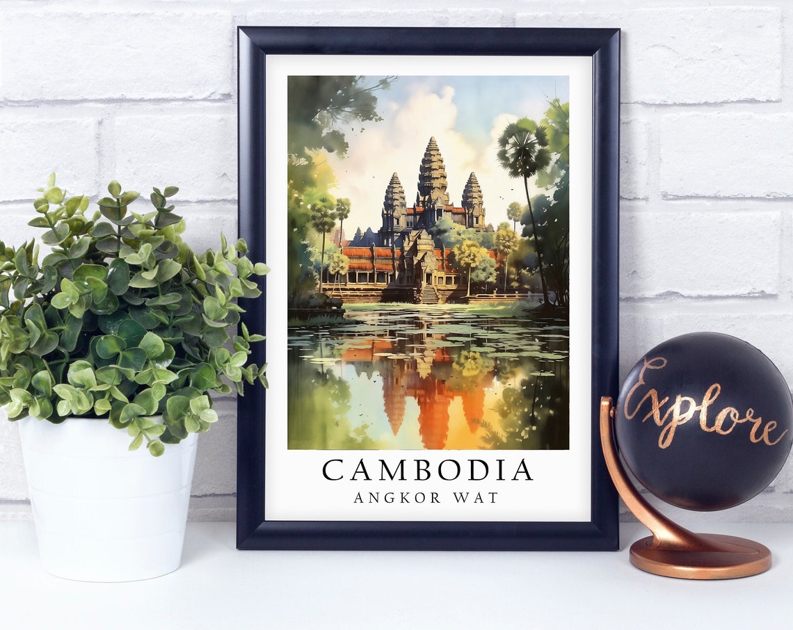 Angkor Wat Cambodia Temple Reflection Watercolor Travel Poster
