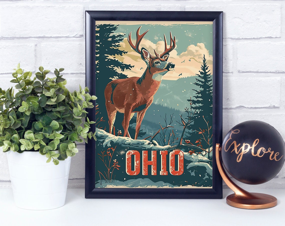 Ohio White Tailed Deer Vintage Wildlife Travel Retro Art Poster