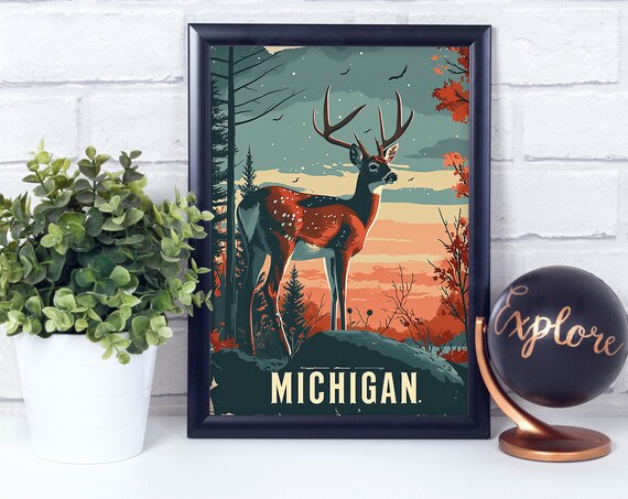 Whitetailed Deer Michigan National State Mammal Vintage Retro Style Poster Print Wall Dcor