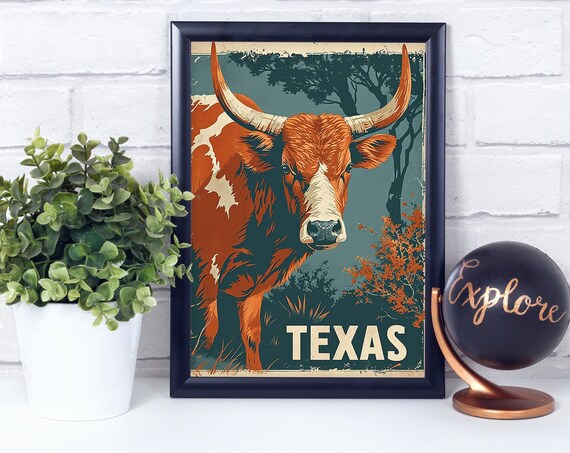 Texas Longhorn Steer Retro Vintage Travel Style Western Art Poster