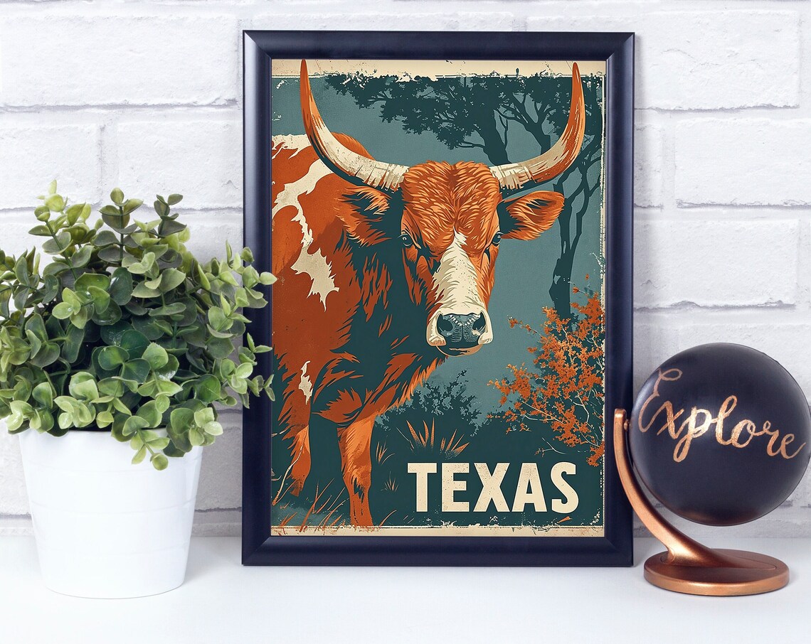 Texas Longhorn Steer Retro Vintage Travel Style Western Art Poster
