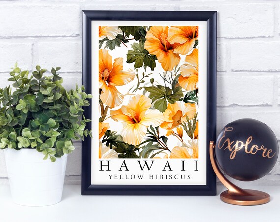 Hawaii Yellow Hibiscus Tropical Botanical Art State Flower Poster