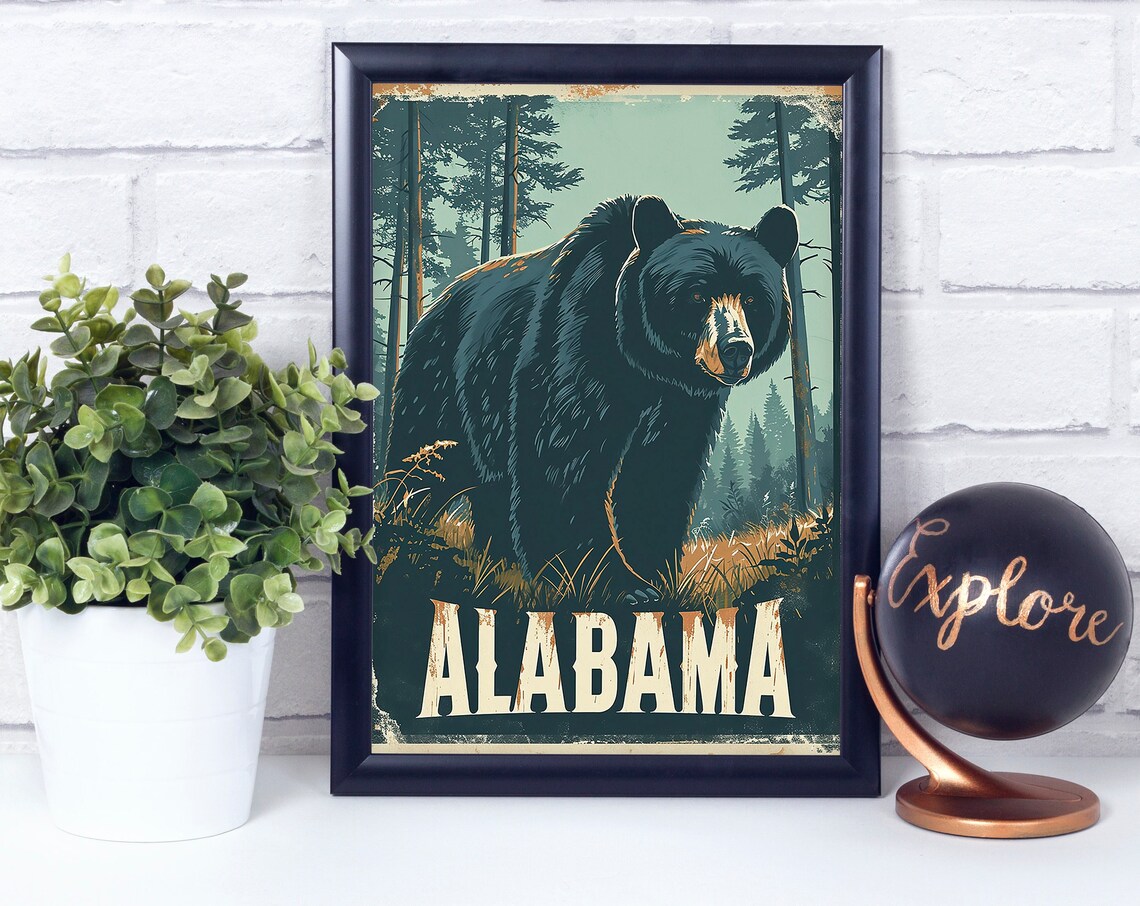 Black Bear Alabama National State Mammal Vintage Retro Style Poster Print Wall Dcor