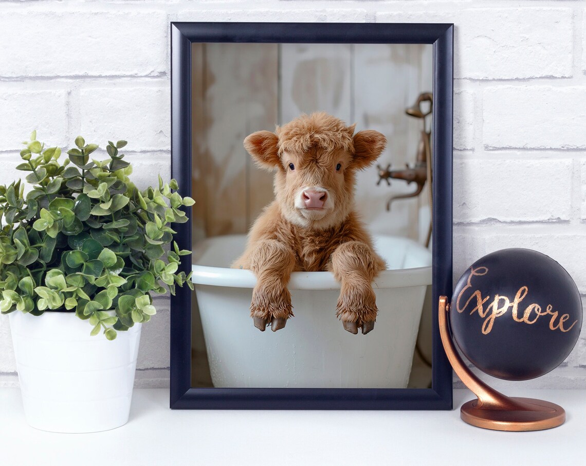 Baby Highland Cow In A Vintage Bathtub, Rustic Bath Art Print