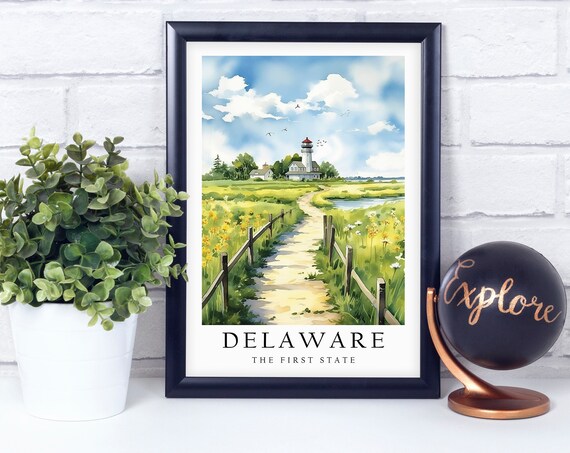 Delaware Lighthouse Coastal Path Watercolor Travel Poster First State
