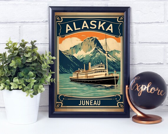 Vintage Juneau Alaska Cruise Ship Mountain Retro Travel Poster