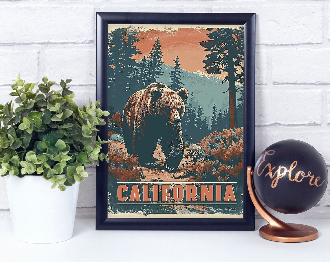 Grizzly Bear National State Animal Vintage Retro Style Poster Print Wall Dcor