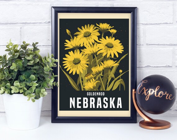 Nebraska Goldenrod Yellow Retro State Flower Botanical Poster