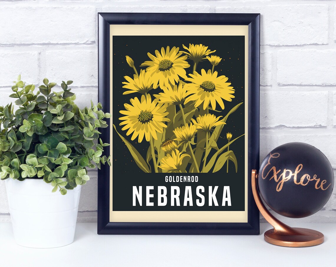 Nebraska Goldenrod Yellow Retro State Flower Botanical Poster