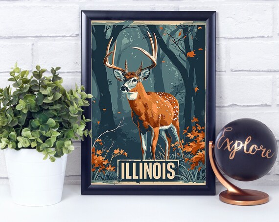 Whitetailed Deer Illinois National State Animal Vintage Retro Style Poster Print Wall Dcor