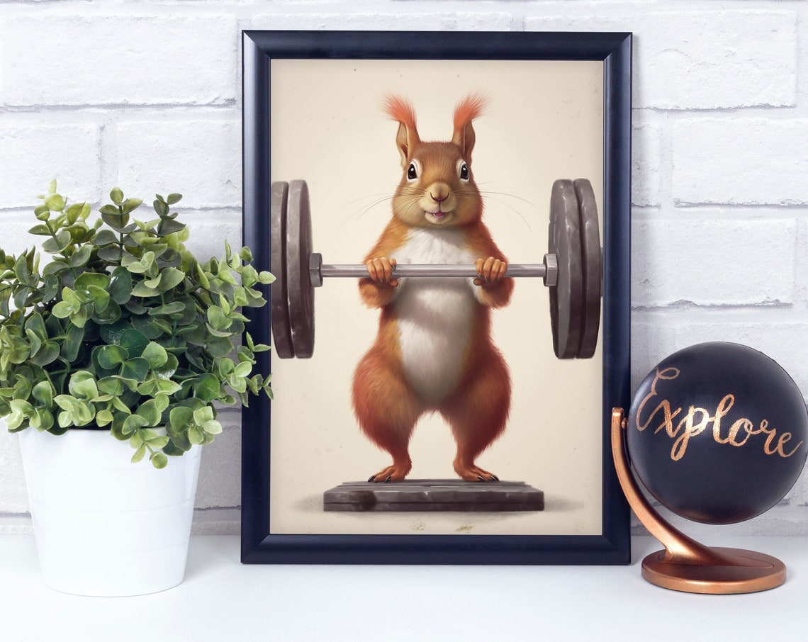 Funny Red Squirrel Lifting Heavy Barbell Cute Gym Animal Poster