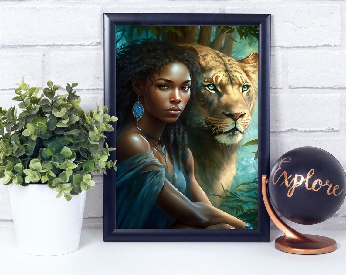 African Woman And Lioness Jungle Fantasy Portrait Art Poster