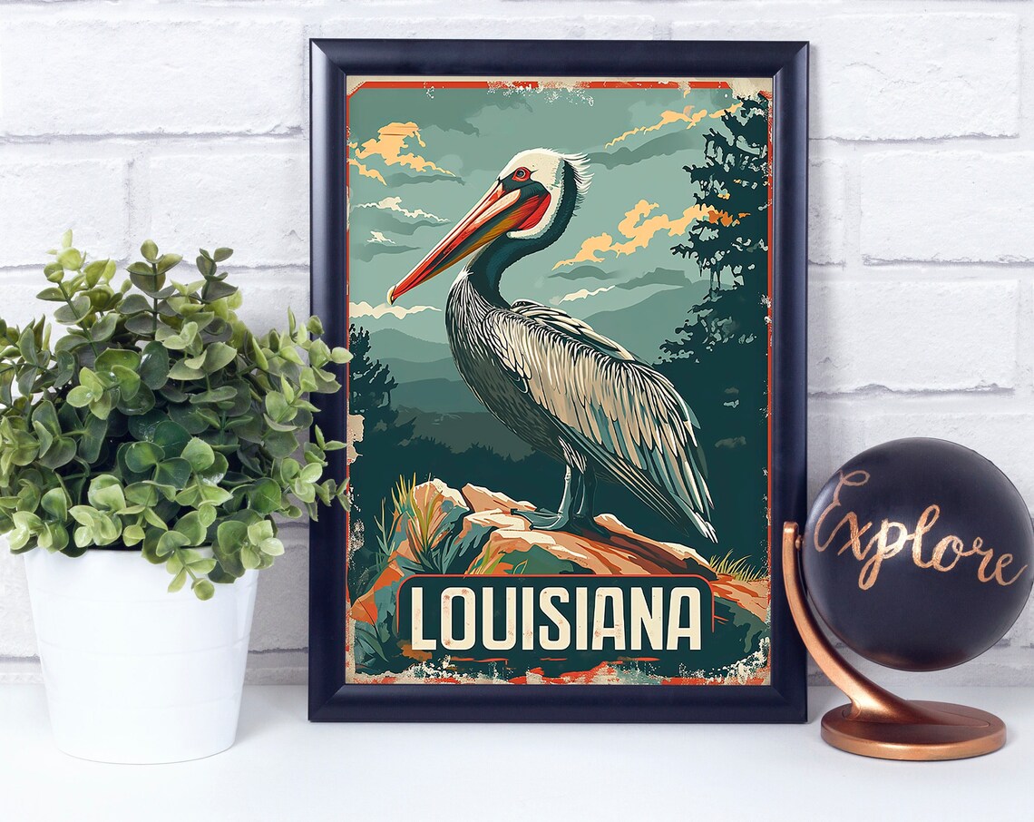 Louisiana Brown Pelican Retro State Bird Travel Vintage Poster