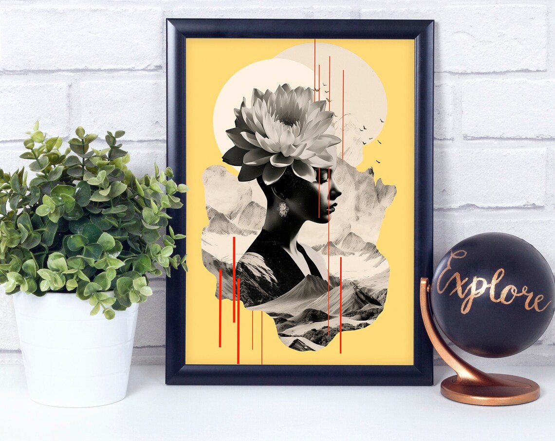 Woman with a Flower Over Her Face on Yellow Modern Art Poster