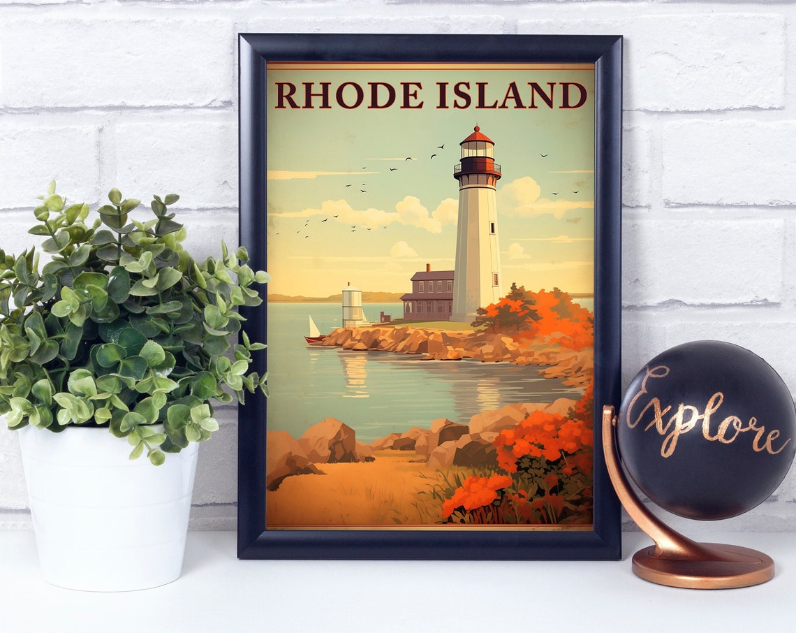 Rhode Island Lighthouse Autumn Coast Retro Travel Wall Art Decor