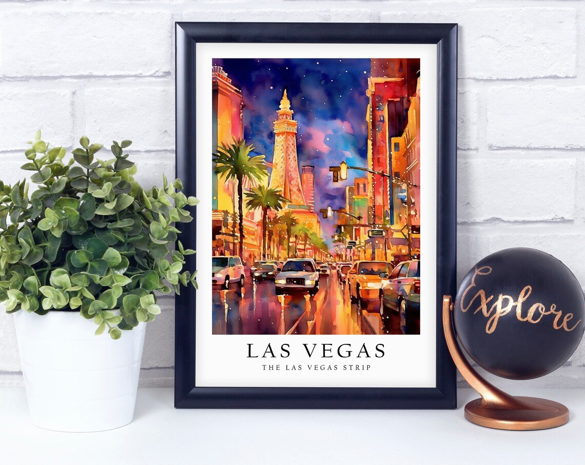 Las Vegas Strip At Night Neon Cityscape Watercolor Travel Poster