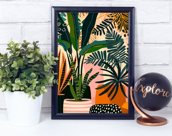 Botanical Plant Boho Bud Antique Vases Geo Tile Plants Art Print Hanging Macrame Cottage Core Poster Wall Dcor